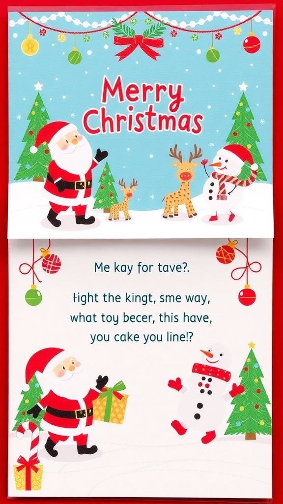 Funny Christmas Card Ideas with Jokes A colorful Christmas card with humorous illustrations and a joke about Santa and reindeer.